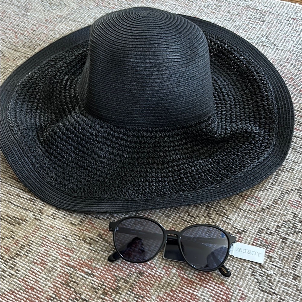 J. Crew Elegant Black Sun Hat with Sunglasses